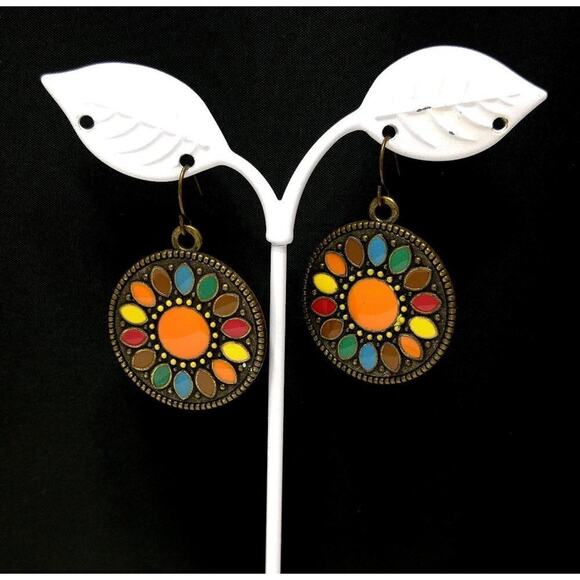 Vintage Jewelry - Vintage Enamel Drop Flower Earrings, Red Yellow Blue Orange Brown,1970s